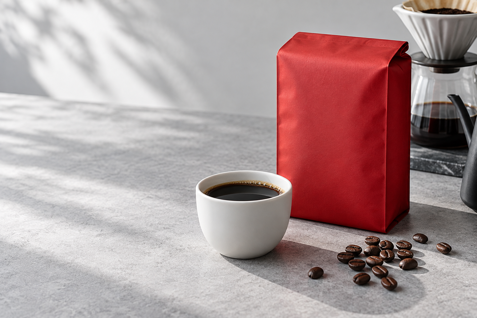 コーヒーと焙煎した豆の風景